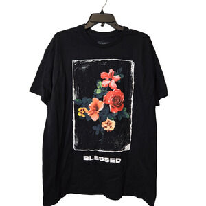 Samegang Black Basic Tee Cotton Floral Short Sleeve Men's T-shirt Size XL